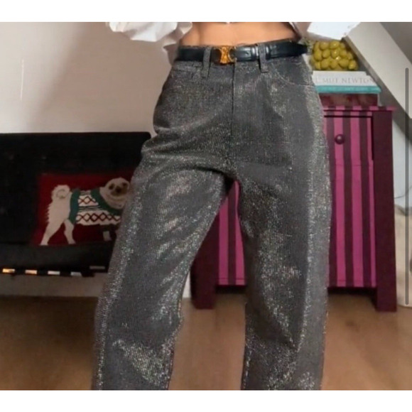 Zara Pants Womens 2 Straight Cut Rhinestone Jeans Black Festival Going Out NYE - Picture 3 of 13